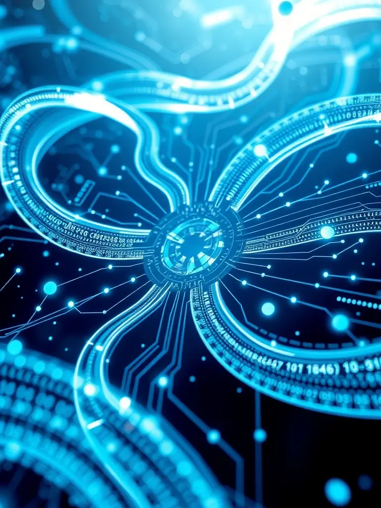 Abstract, futuristic image representing 'Data-Driven Automation', with AI algorithms visually depicted analyzing data streams.